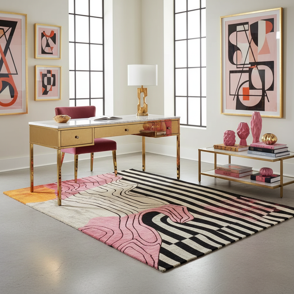 Modern office with a desk, chair, abstract art, and decorative items.