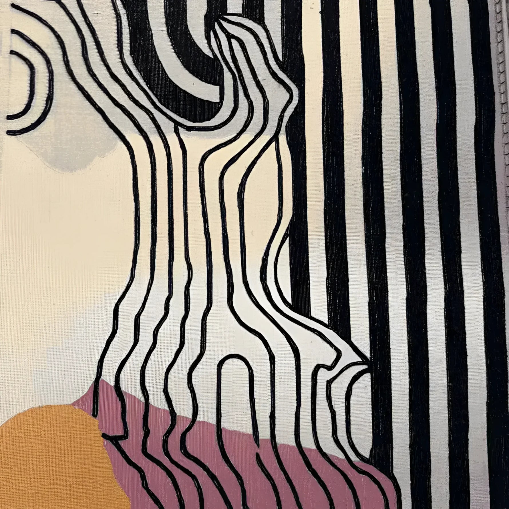 Close-up view of a contemporary area rug featuring bold, abstract black and white stripes with organic line patterns, perfect for adding a modern touch to any living room or bedroom. This hand-tufted wool rug incorporates subtle hues of pink and mustard, making it an eye-catching addition to your home decor.