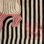 This vibrant area rug features a contemporary design with bold black and white stripes, accented by abstract pink shapes. Perfect for enhancing your living room or bedroom, this wool rug adds a modern touch to any space, making it ideal for those seeking unique area rugs for their living room or bedroom.