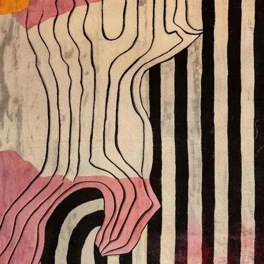 A vibrant area rug featuring abstract, vivid shapes in pink, black, and orange hues, perfect for adding a contemporary touch to living rooms or bedrooms. This hand-tufted wool rug combines artistic flair with a cozy feel, making it an ideal choice for bedroom rugs or area rugs for living room spaces.