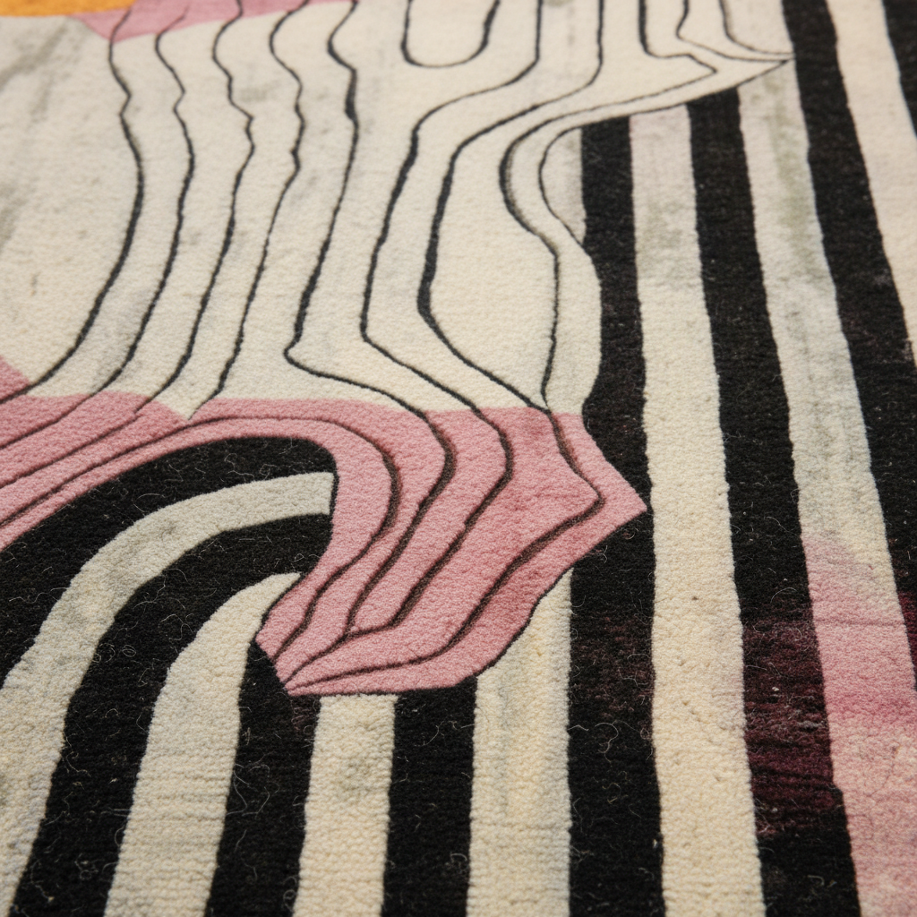 vivid shapes hand tufted viscose rug close-up showing black vertical stripes with wavy contour lines and a pink organic blob