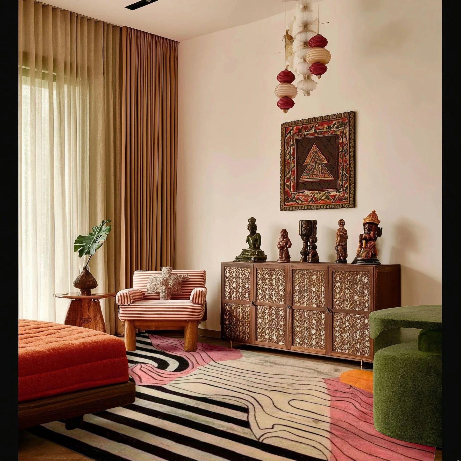 vivid shapes hand tufted viscose rug in an eclectic room with carved wooden sideboard, statues, orange ottoman and lantern light