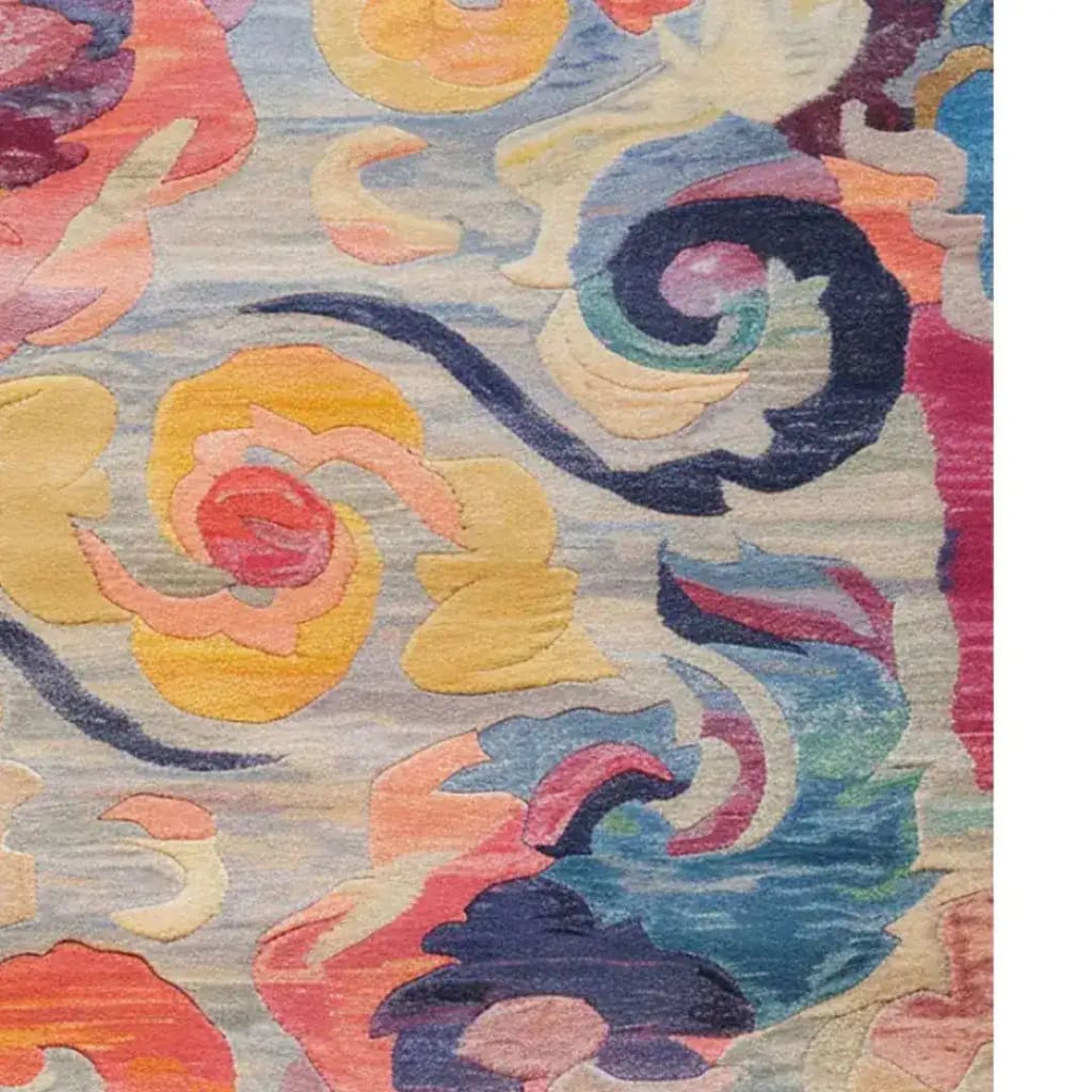 Vivid Whirlwind Hand Tufted Area Rug featuring an abstract design with swirling patterns in vibrant colors like blue, pink, and yellow. This wool rug is a perfect square area rug for a bedroom or living room, adding a touch of artistic flair to large spaces.