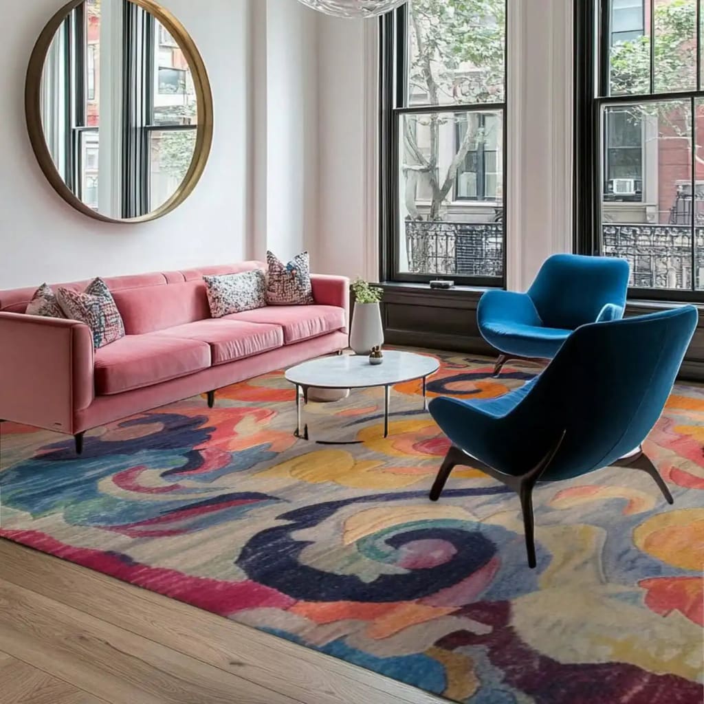 A vibrant and colorful area rug adds a lively touch to a stylish living room. The wool rug features swirling abstract patterns in bold hues, perfectly complementing the modern decor. This large area rug is ideal for bedrooms or living rooms, providing a plush and inviting atmosphere. The square rug's dynamic design enhances the contemporary look of the space, making it a standout piece among rugs for bedrooms and large area rugs for living rooms.