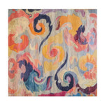 Top view of a Vivid Whirlwind Hand Tufted Area Rug featuring an abstract design with colorful swirls in shades of orange, yellow, blue, and pink. This wool rug is a perfect square, ideal for adding a splash of color to bedrooms or living rooms. It serves as a beautiful centerpiece for spaces in need of a large area rug.
