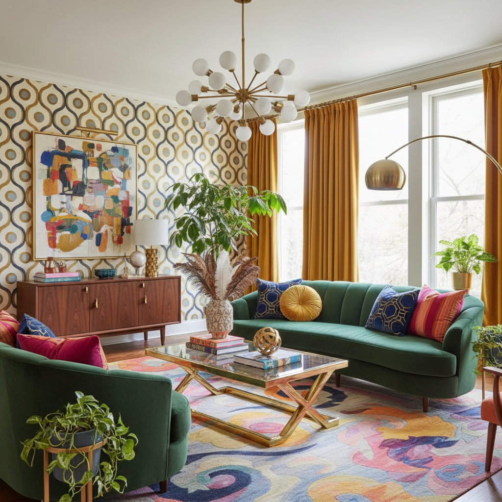 Modern living room with green sofa, colorful rug, and decorative elements.
