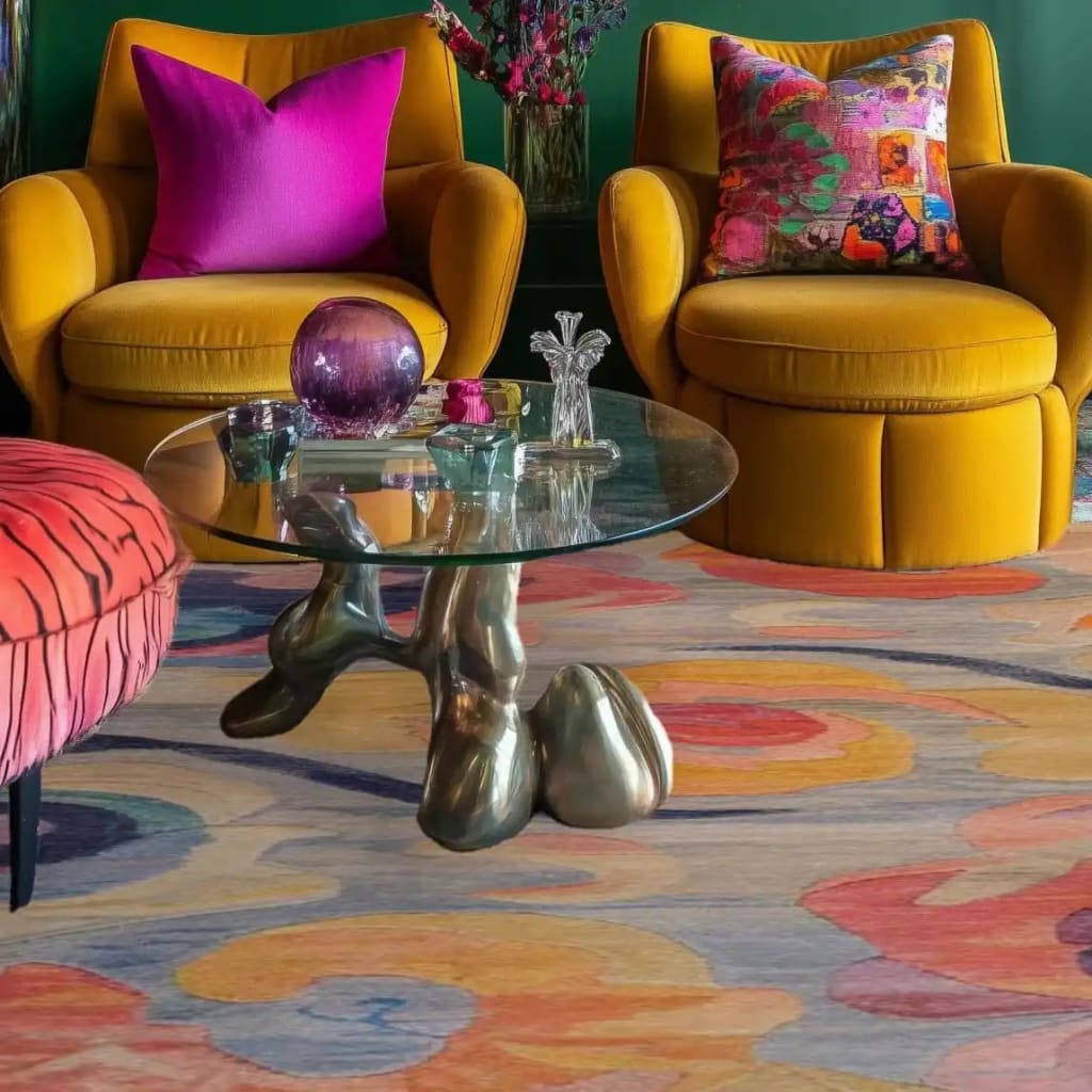 A vibrant and colorful area rug with swirling patterns in a living room setting. The wool rug features a mix of warm and cool tones, adding a lively touch to the space. It is a large, square area rug ideal for bedrooms or living rooms, fitting perfectly under a modern glass coffee table and flanked by mustard yellow armchairs with colorful cushions.