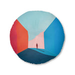 Void Walk Floor Pillow full front view with minimalist architectural art of figure between warm red and cool blue walls