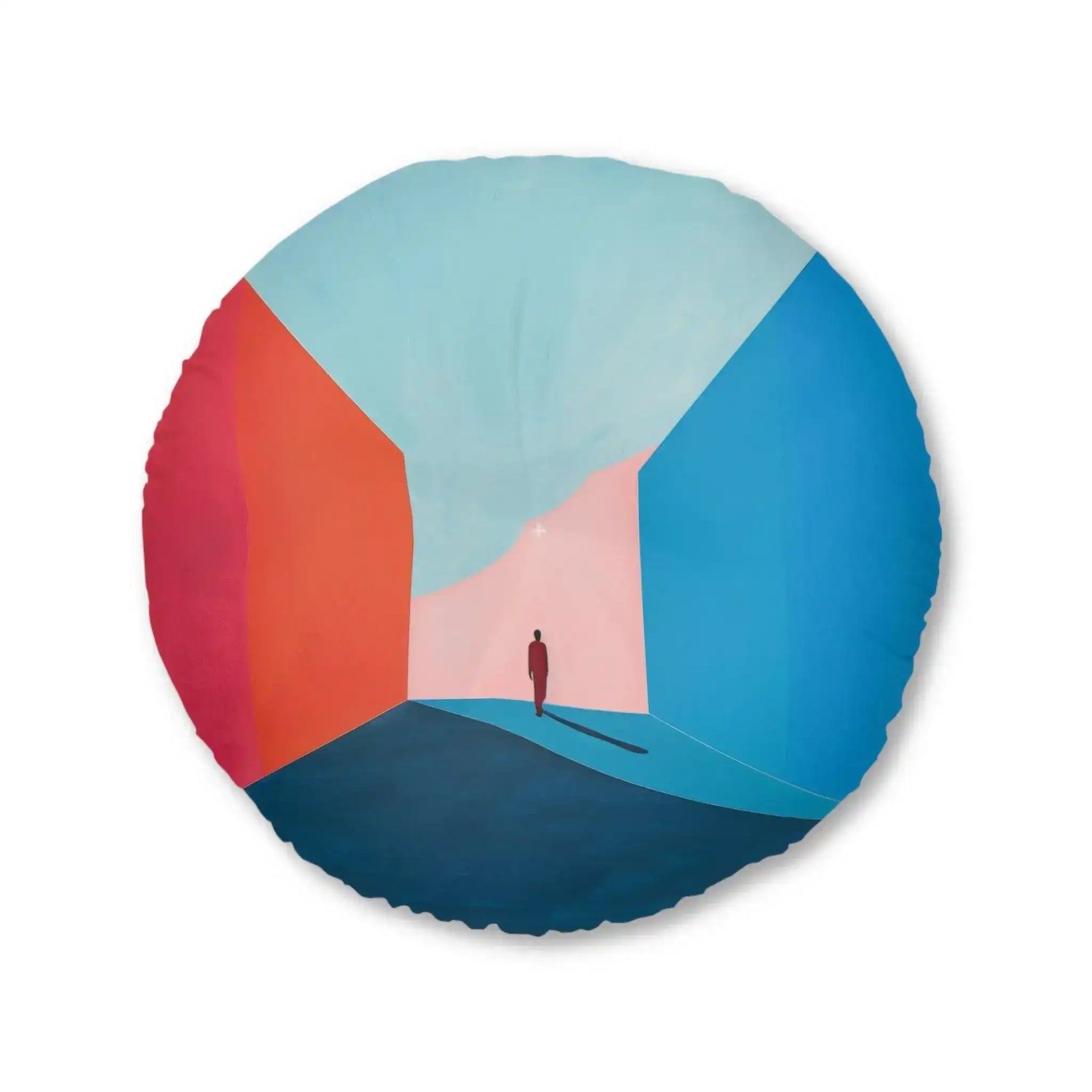 Void Walk Floor Pillow full front view with minimalist architectural art of figure between warm red and cool blue walls