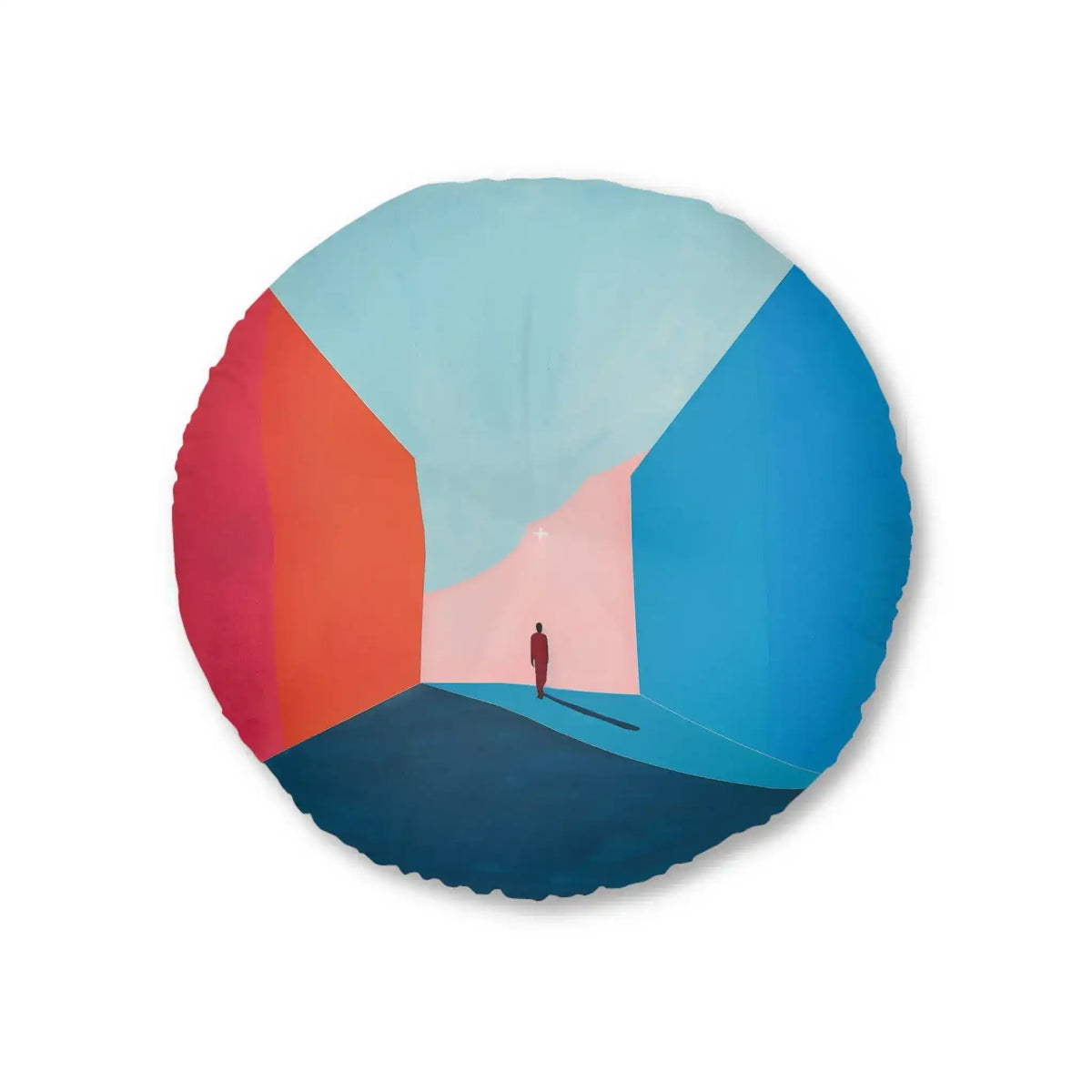 Void Walk Floor Pillow front showing round pillow with minimalist corridor art, lone figure between orange-red and blue geometric walls