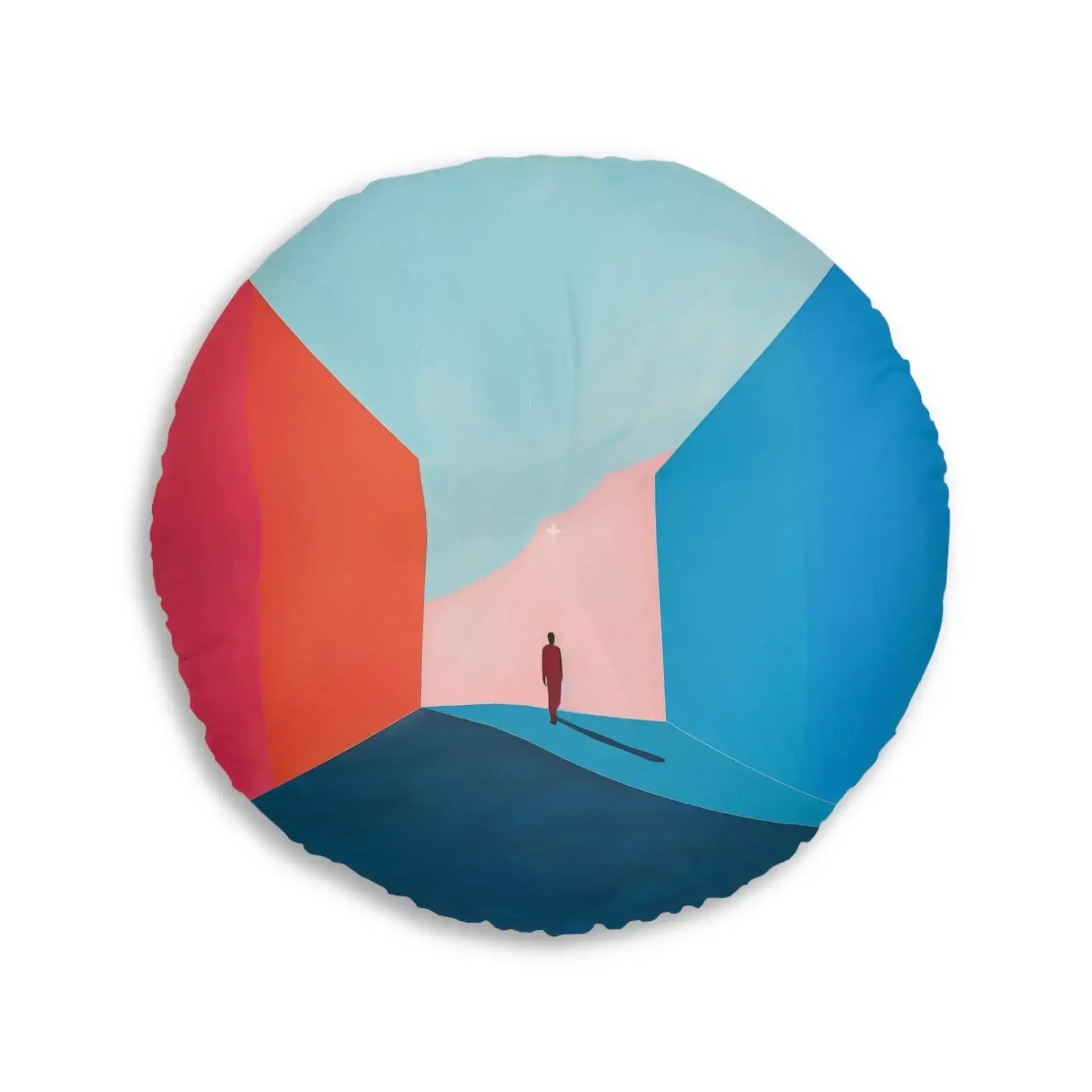Two Void Walk Floor Pillows from above on dark wood floor, geometric blue and orange corridor art shown on round cushions