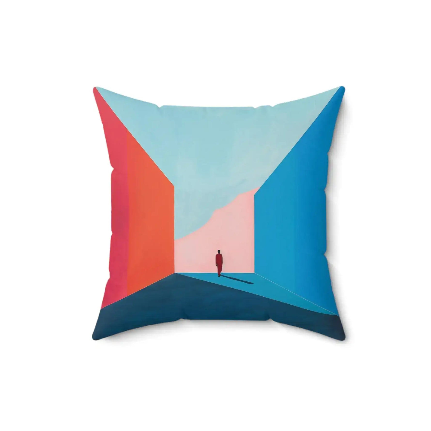 Void Walk Throw Pillow slightly angled, abstract architectural design with coral wall and blue panel flanking lone figure