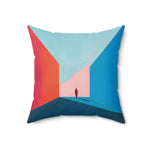 Void Walk Throw Pillow centered upright view showing red and blue geometric planes with silhouetted figure at center