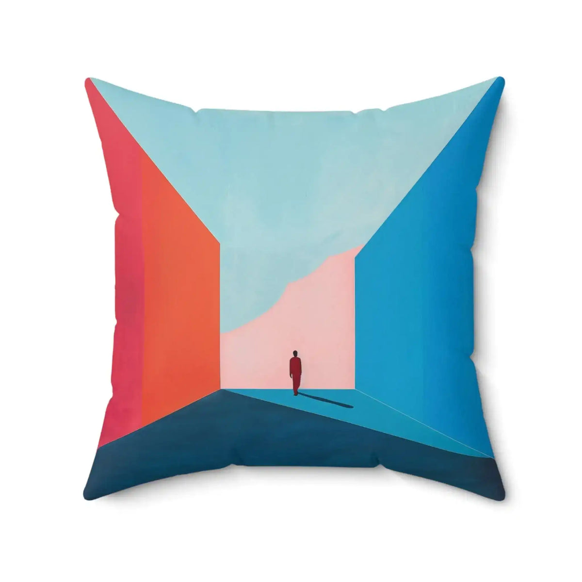 Void Walk Throw Pillow slightly tilted, minimalist surreal scene with red-orange and cobalt planes and standing figure