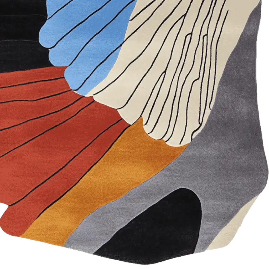 A vibrant and contemporary area rug featuring an abstract design with bold colors including blue, red, orange, and gray. Perfect for adding a modern touch to living rooms, this 8x10 wool rug showcases a unique artistic pattern ideal for area rugs in living spaces.