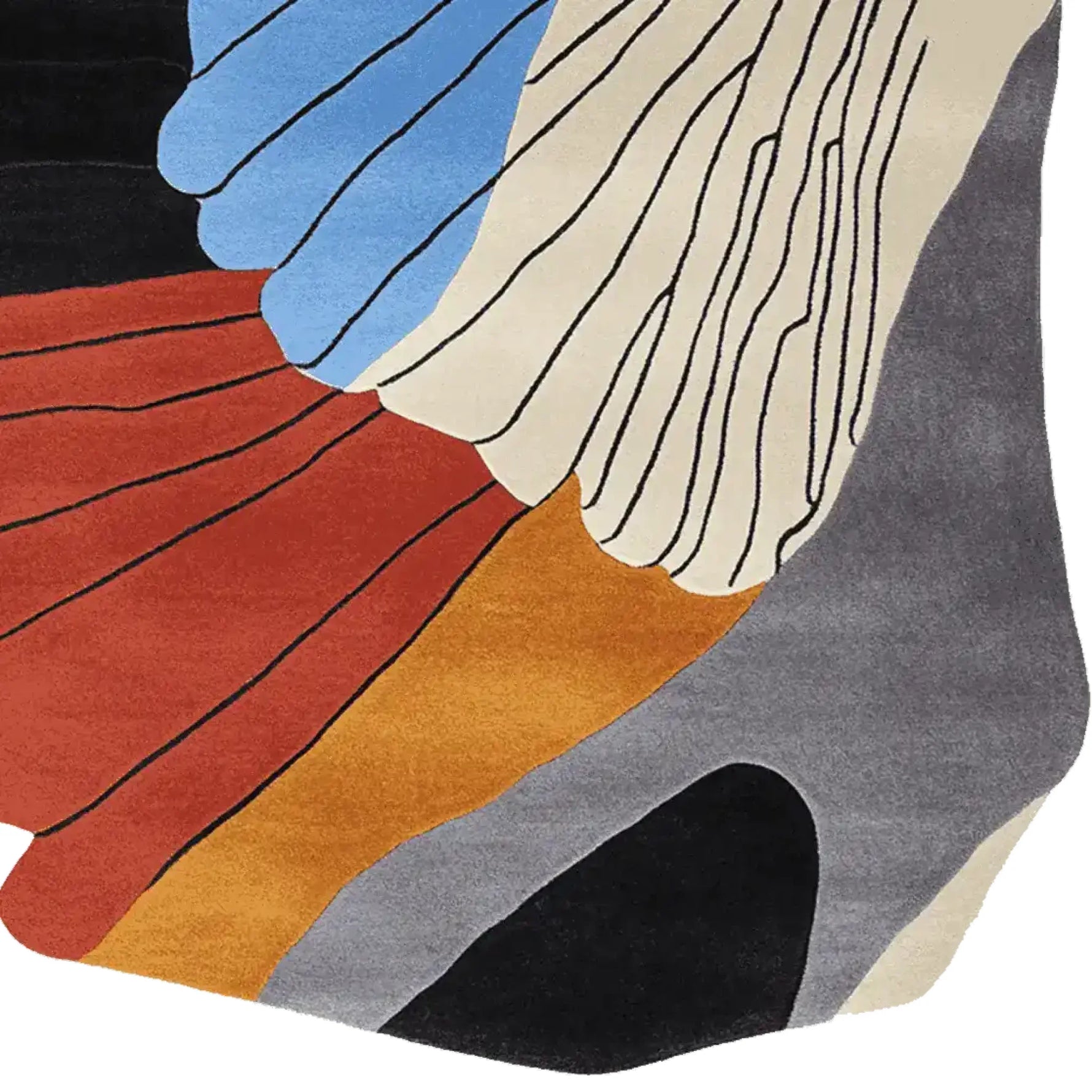 A vibrant and contemporary area rug featuring an abstract design with bold colors including blue, red, orange, and gray. Perfect for adding a modern touch to living rooms, this 8x10 wool rug showcases a unique artistic pattern ideal for area rugs in living spaces.