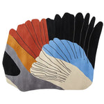 A vibrant, abstract area rug with a unique fan-shaped design featuring bold colors like red, orange, blue, and black. Perfect for adding a contemporary flair to any living room, this 8x10 hand tufted wool rug creates a striking visual impact.