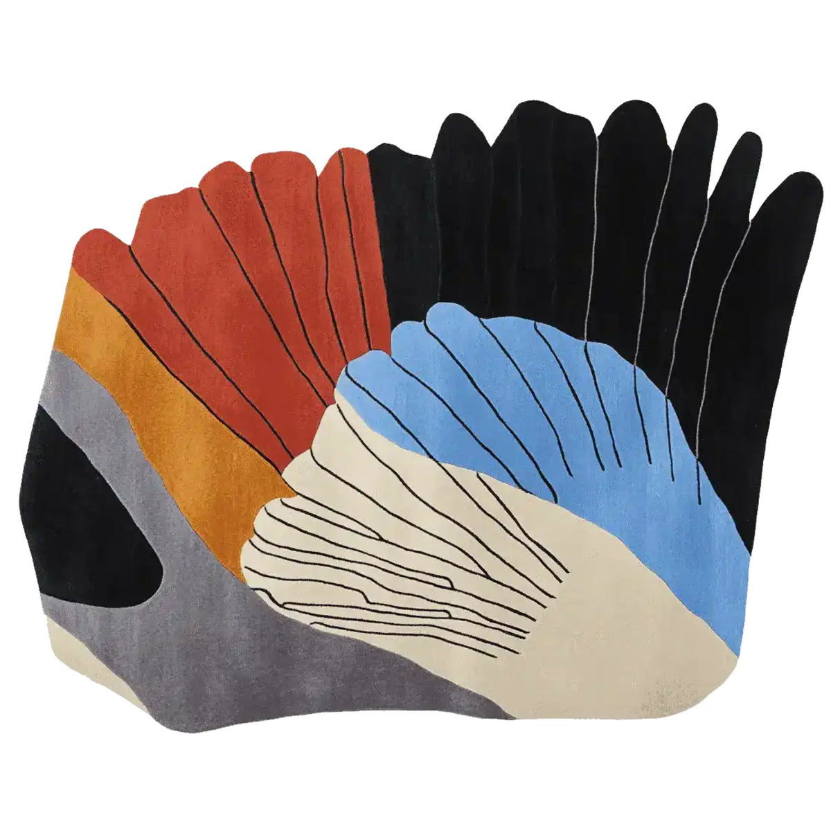 A vibrant, abstract area rug with a unique fan-shaped design featuring bold colors like red, orange, blue, and black. Perfect for adding a contemporary flair to any living room, this 8x10 hand tufted wool rug creates a striking visual impact.