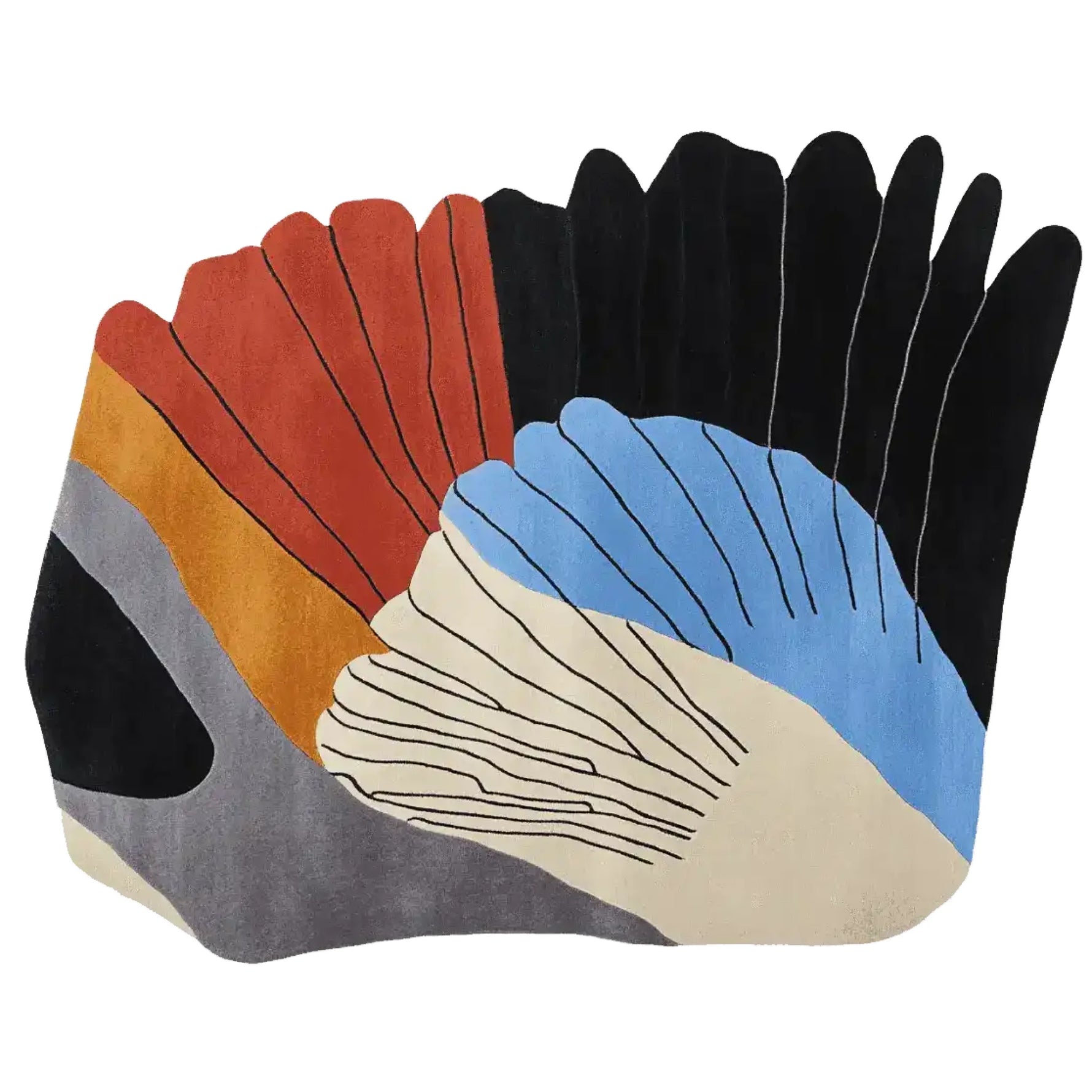 A vibrant, abstract area rug with a unique fan-shaped design featuring bold colors like red, orange, blue, and black. Perfect for adding a contemporary flair to any living room, this 8x10 hand tufted wool rug creates a striking visual impact.