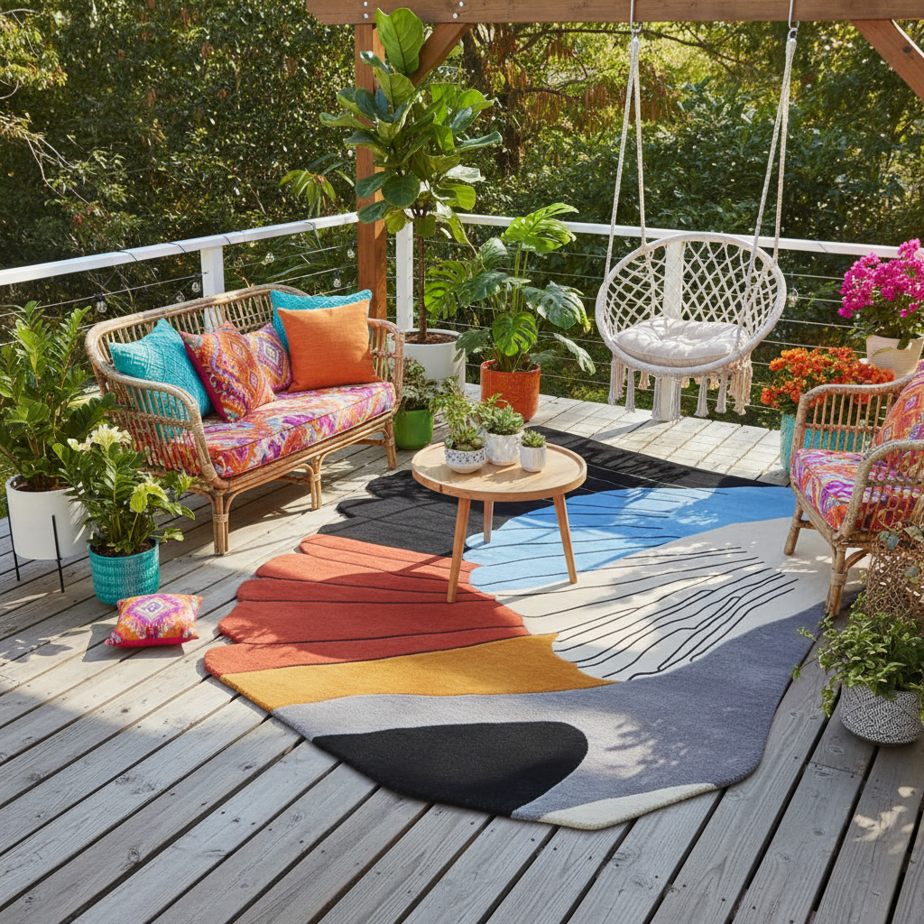 Outdoor patio with colorful furniture, shaped wing rug, and plants on a wooden deck.