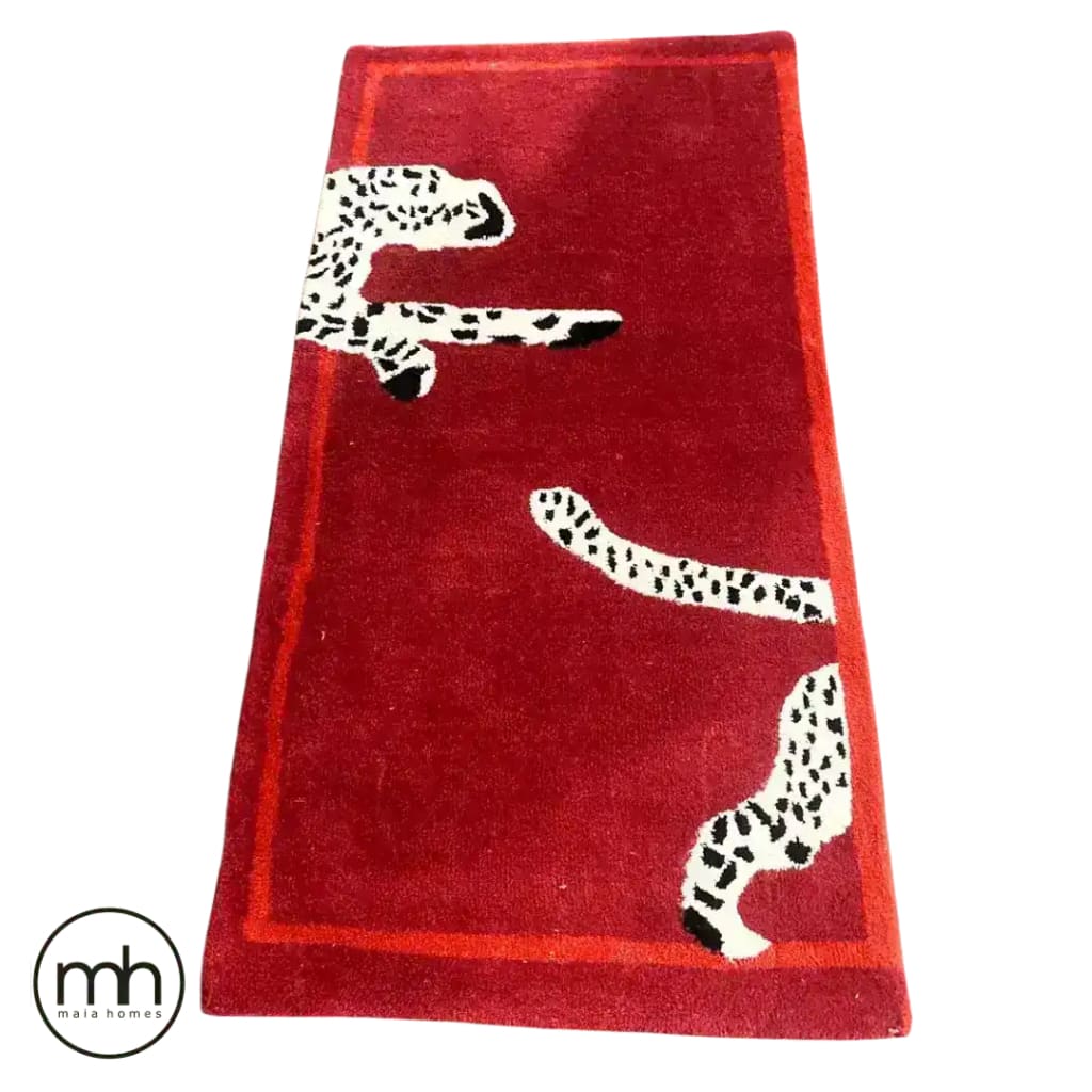 Walking Wild Cat Leopard on Silk Road Hand Tufted Wool Rug - Red