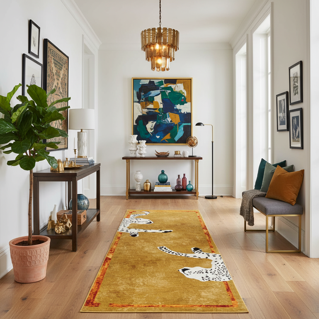 Living room with a decorative rug featuring animal prints, a console table, and wall art.