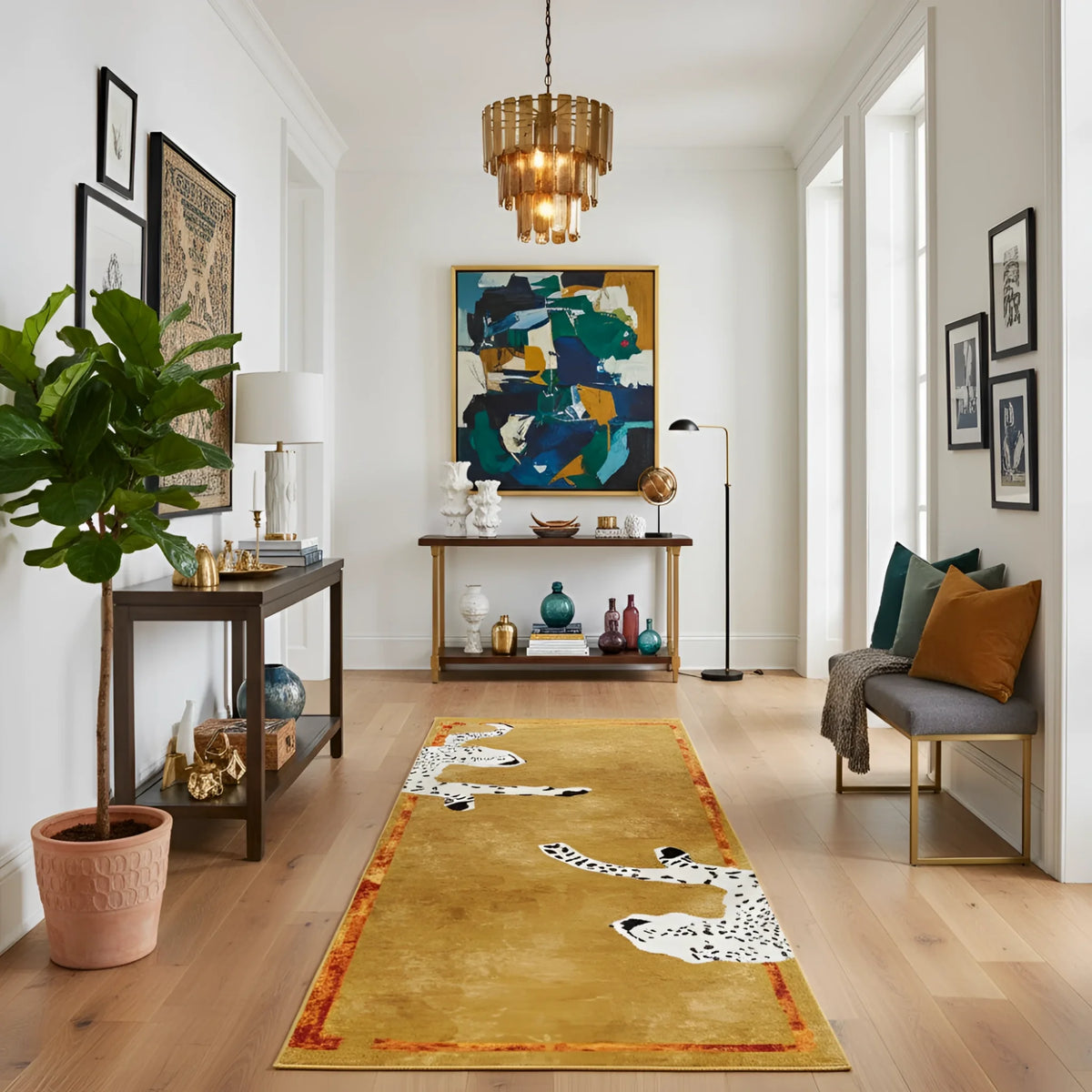 Living room with a decorative rug featuring animal prints, a console table, and wall art.
