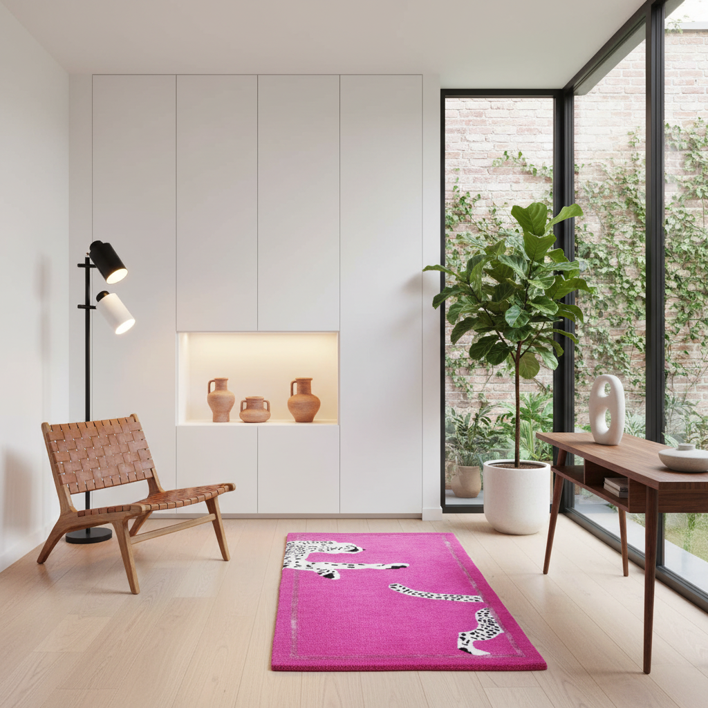 Walking Wild Cat Leopard on Silk Road Hand Tufted Wool Rug - Pink
