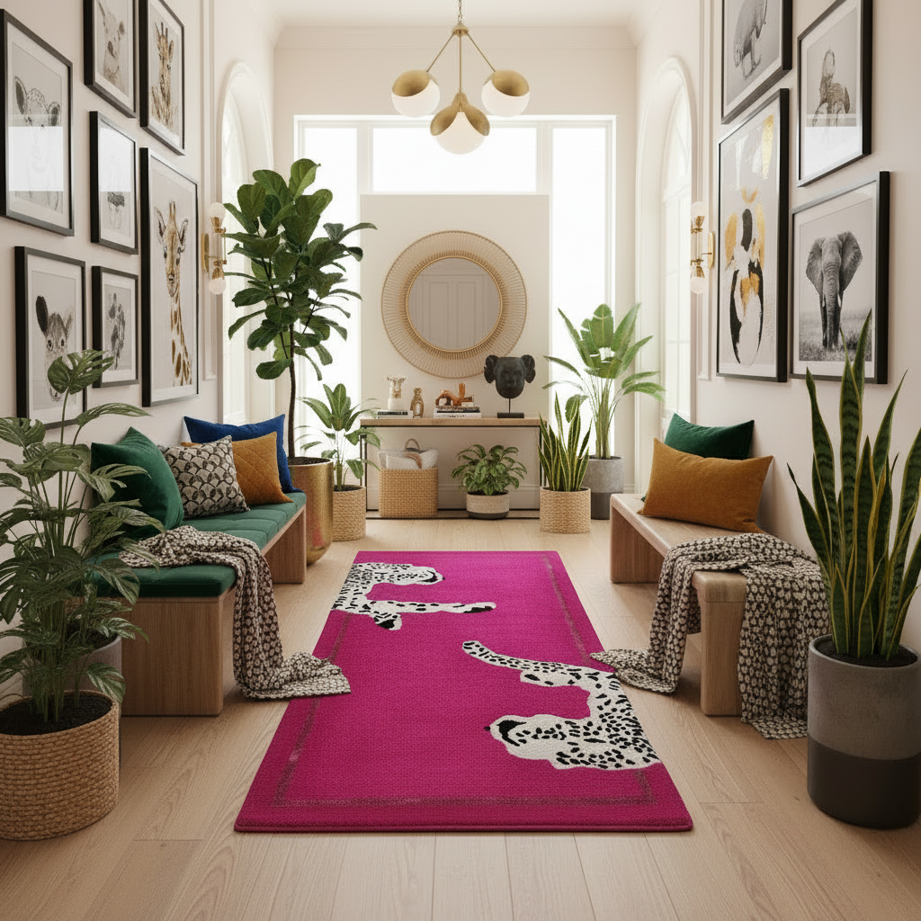 Walking Wild Cat Leopard on Silk Road Hand Tufted Wool Rug - Pink