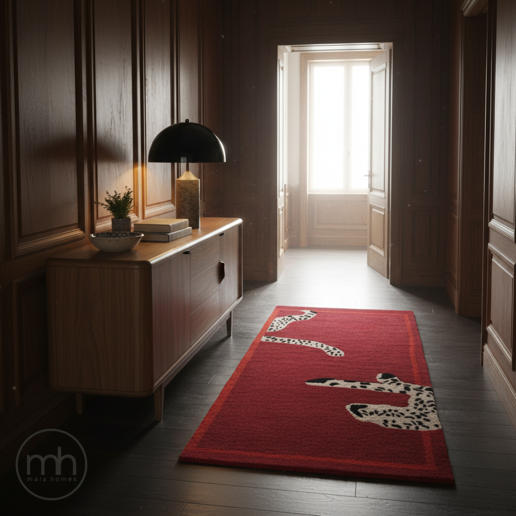 Walking Wild Cat Leopard on Silk Road Hand Tufted Wool Rug - Red