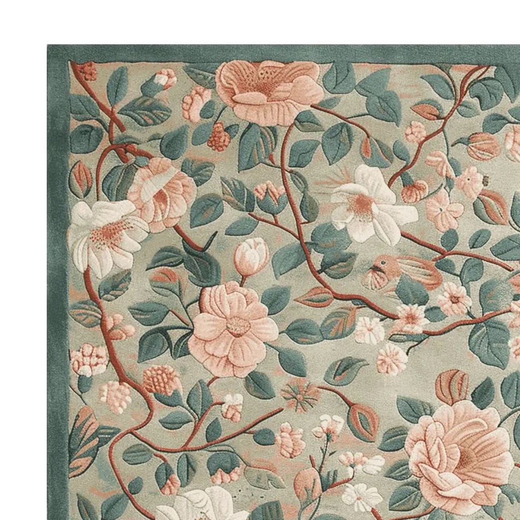 The Wandering Bloom Trail Hand Tufted Area Rug showcases an intricate floral design with delicate pink and white blossoms and lush green leaves on a soft blue background. This elegant floral rug is perfect for adding a touch of nature-inspired beauty to your living room. Made from high-quality wool, this area rug is both comfortable and durable, making it an ideal choice for living room area rugs.