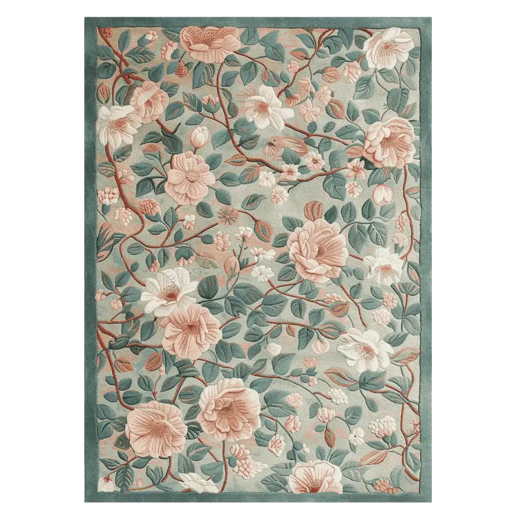 This beautiful area rug features an intricate floral design with soft pink and white flowers set against a soothing green backdrop. Perfect for adding elegance to any living room, this hand-tufted wool rug combines style and comfort, making it an ideal choice for area rugs for living rooms.