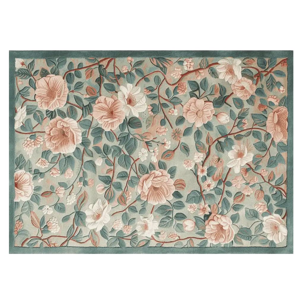 A beautifully detailed Wandering Bloom Trail Hand Tufted Area Rug showcasing a lush floral pattern with pastel pink and green hues. Ideal for enhancing living room decor, this wool rug adds elegance and warmth as one of the finest floral rugs available.