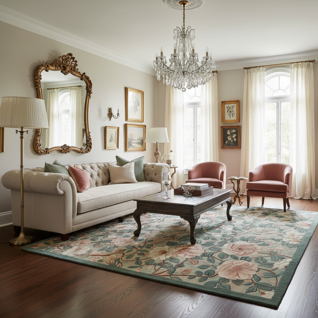 Living room with beige sofa, coffee table, and decorative rug.
