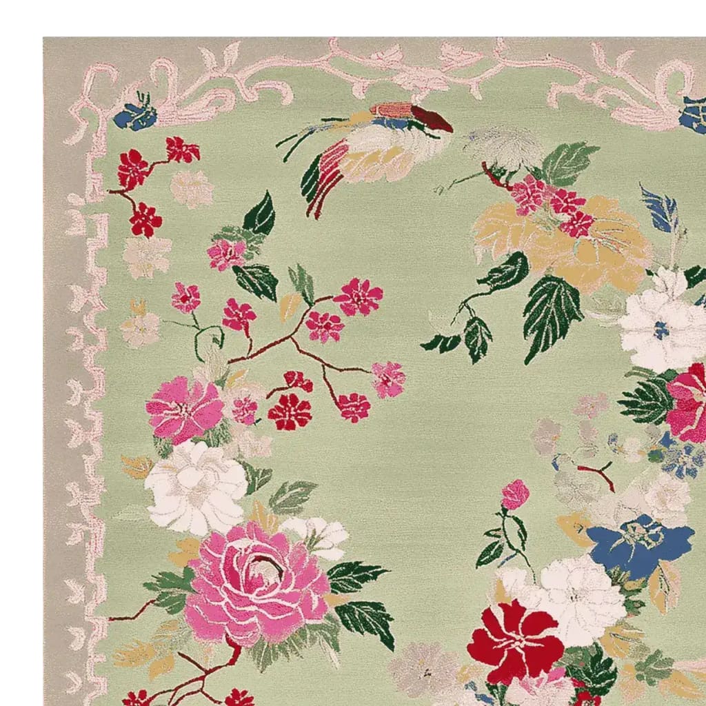 This Wandering Blooms Hand Tufted Area Rug showcases a vibrant floral design, perfect for enhancing any living room. The wool rug features intricate blossoms in shades of pink, red, and white set against a soft green background, offering an elegant touch to living room area rugs.
