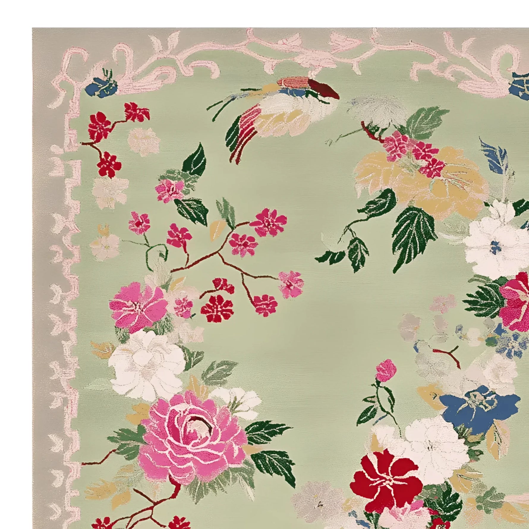 This Wandering Blooms Hand Tufted Area Rug showcases a vibrant floral design, perfect for enhancing any living room. The wool rug features intricate blossoms in shades of pink, red, and white set against a soft green background, offering an elegant touch to living room area rugs.