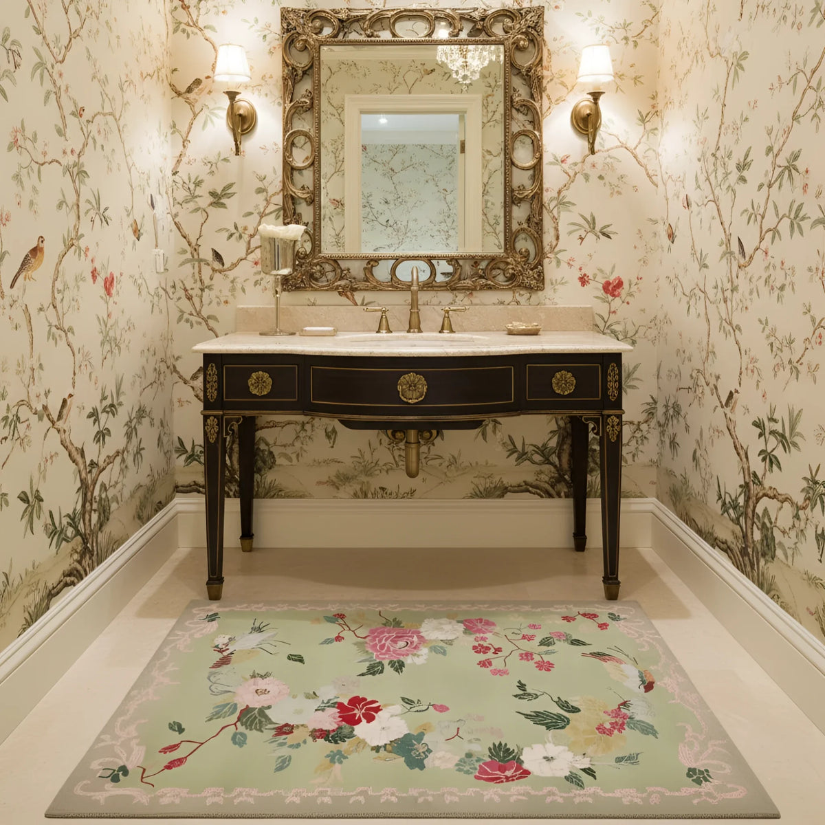 Bathroom with ornate mirror, sink, a floral wool rug, and floral wallpaper