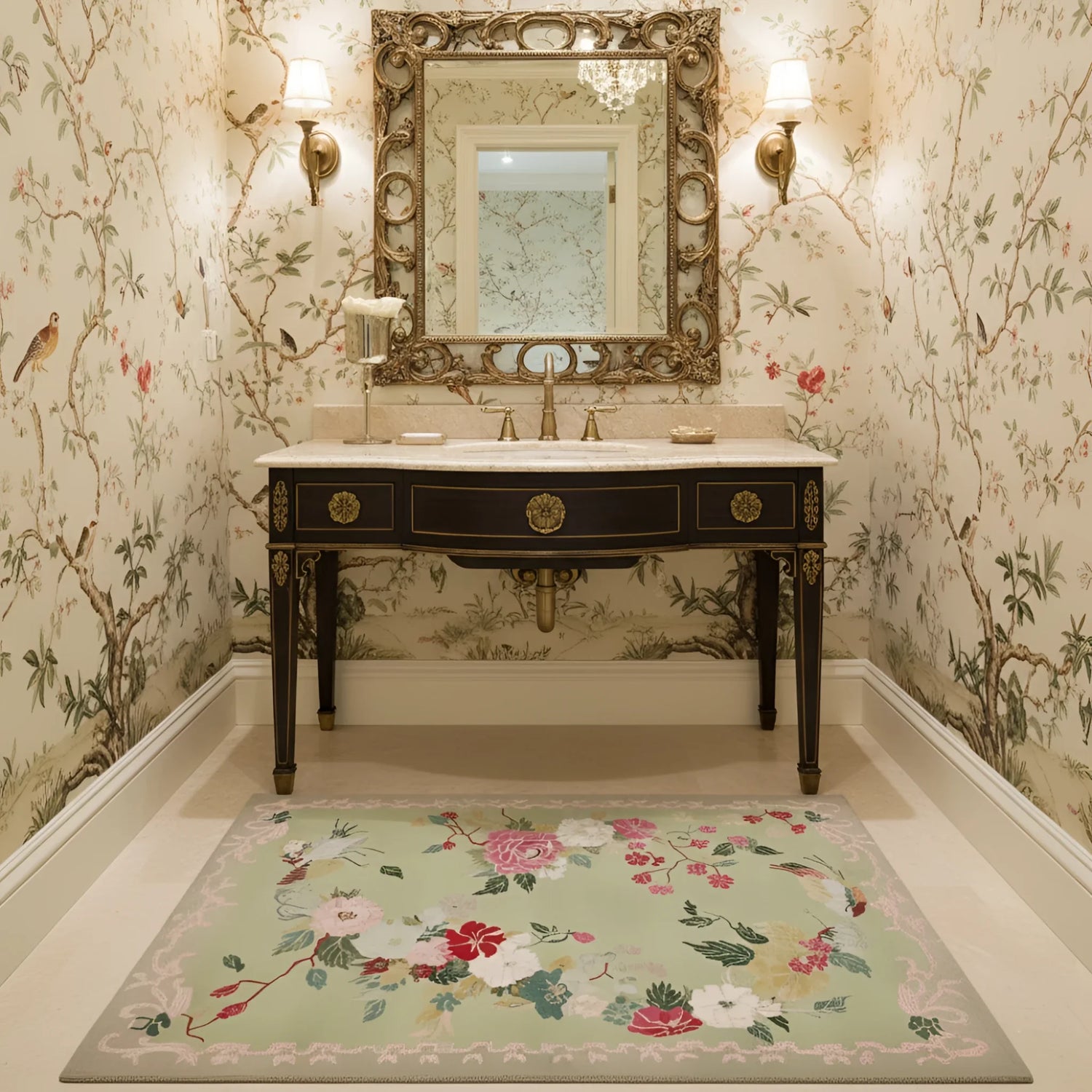 Bathroom with ornate mirror, sink, a floral wool rug, and floral wallpaper
