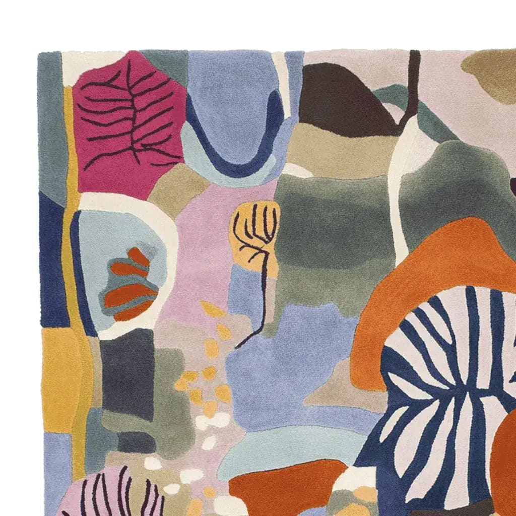 Top view of the Wandering Colors Hand Tufted Rug, a vibrant area rug perfect for living rooms. This contemporary rug features an abstract design with bold colors including orange, blue, and pink. Ideal as a wool rug for living room spaces, available in 8x10 size.