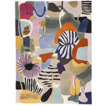 Top view of the Wandering Colors Hand Tufted Rug, featuring an abstract design with vibrant colors and bold patterns. This contemporary wool area rug is perfect for adding a splash of color to your living room. Ideal as a living room rug in an 8x10 size, it combines modern aesthetics with the comfort of a wool rug.