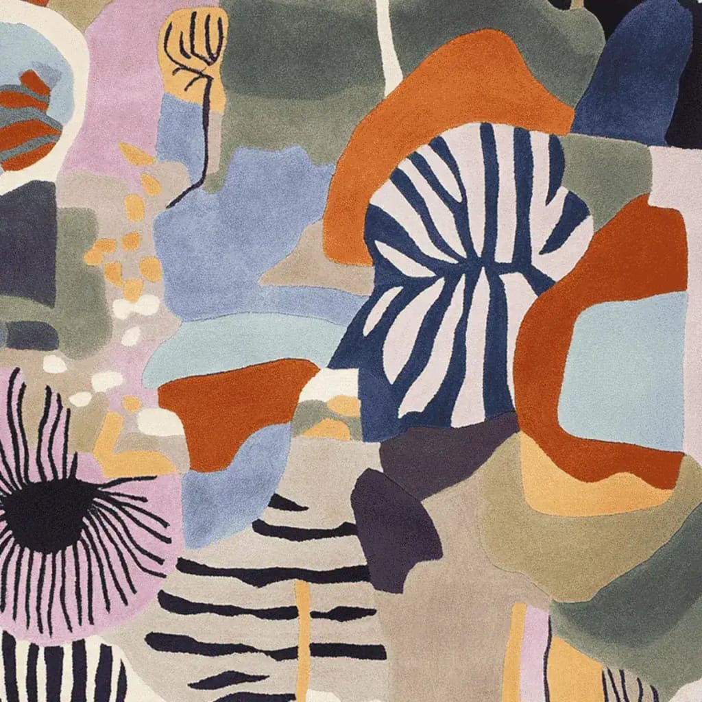 A vibrant and contemporary area rug featuring a dynamic abstract design with bold colors and patterns. Ideal for adding a touch of modern art to your living room, this wool rug measures 8x10 and showcases a stunning mix of earthy tones and vibrant accents, perfect for enhancing any interior space.