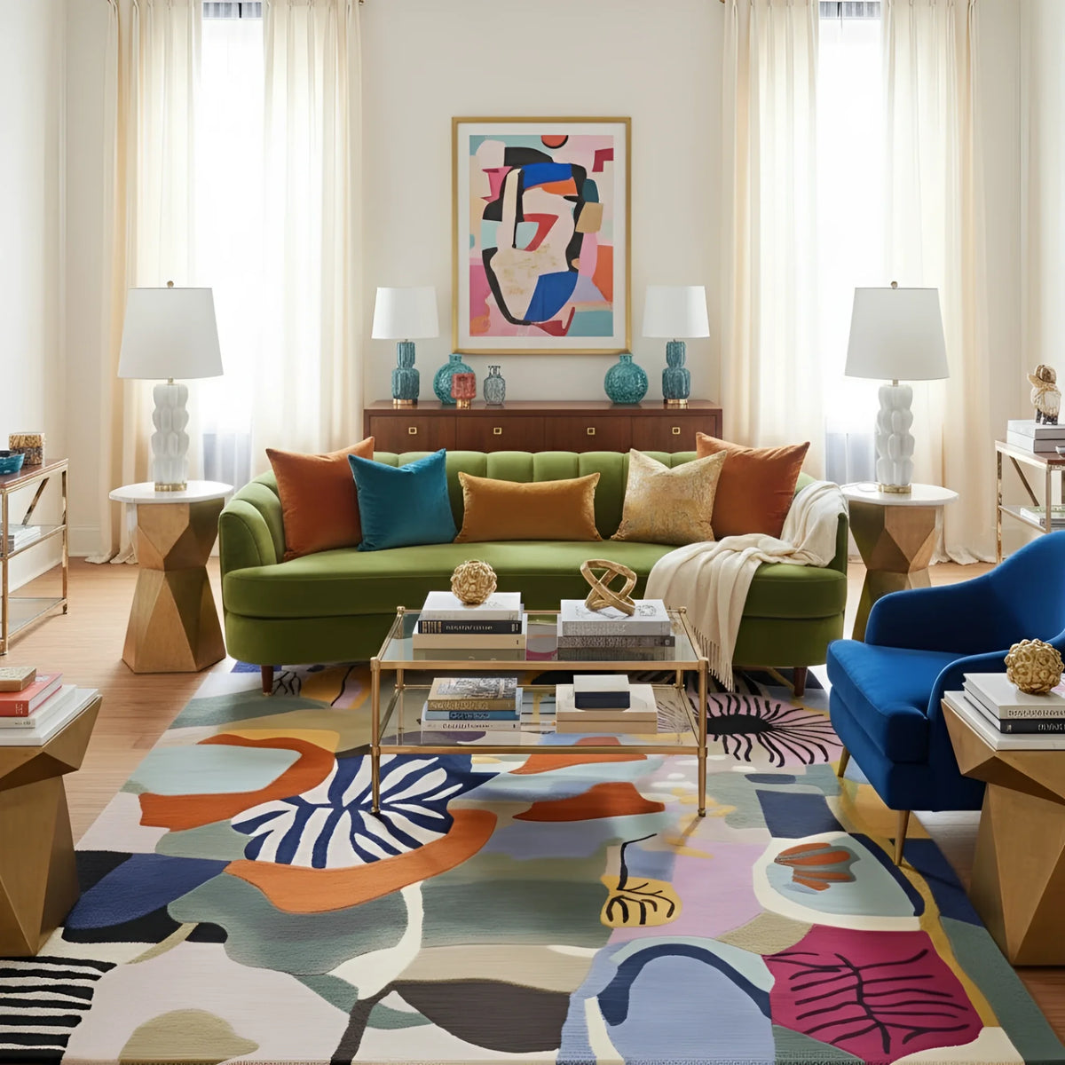 Modern living room with colorful furniture, a contemporary wool rug, and abstract art