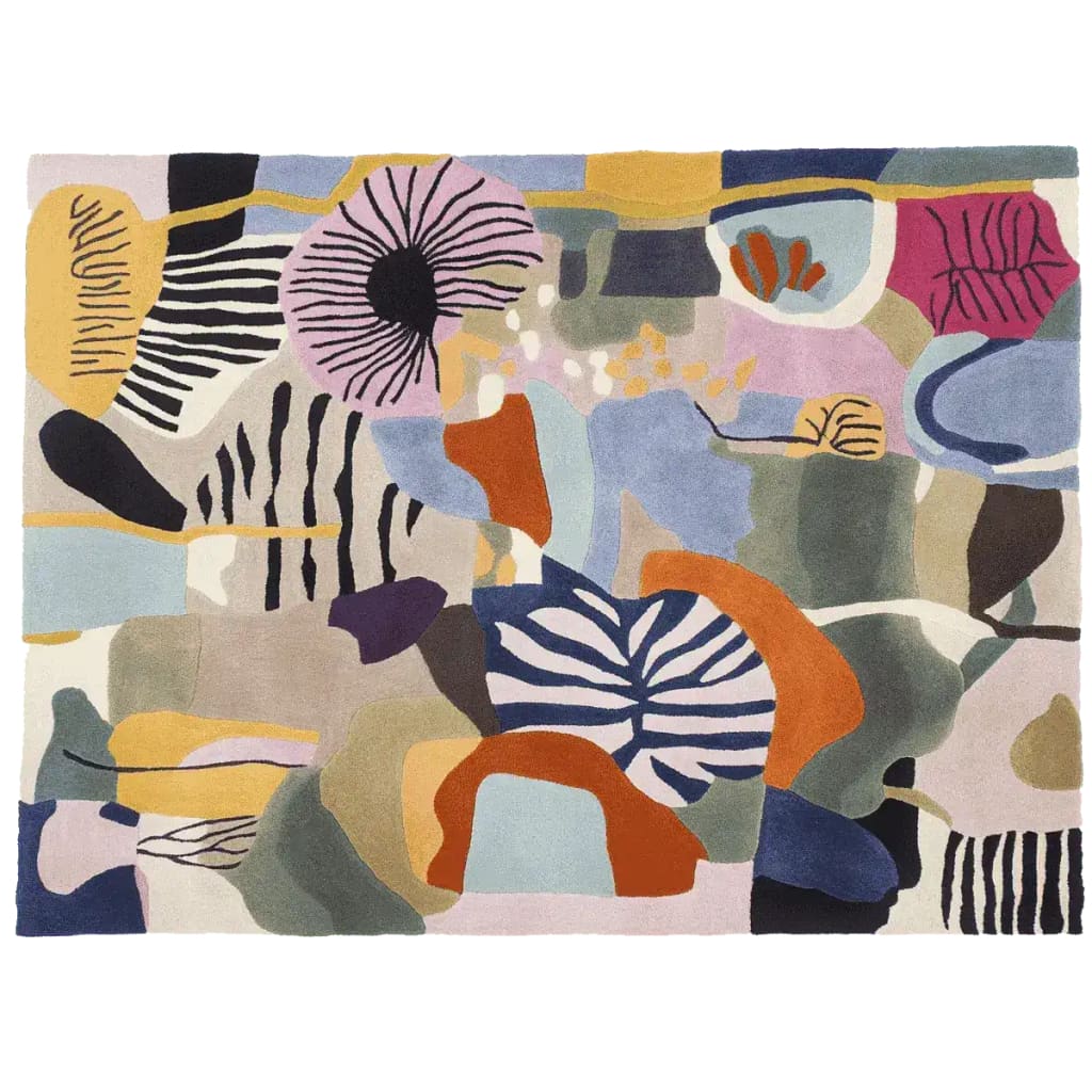 Vibrant and colorful area rug featuring an abstract design with bold patterns and a mix of colors including blue, orange, and pink. Perfect for contemporary living rooms, this hand-tufted wool rug in an 8x10 size adds a splash of creativity and style, making it an ideal choice among rugs for living room settings.