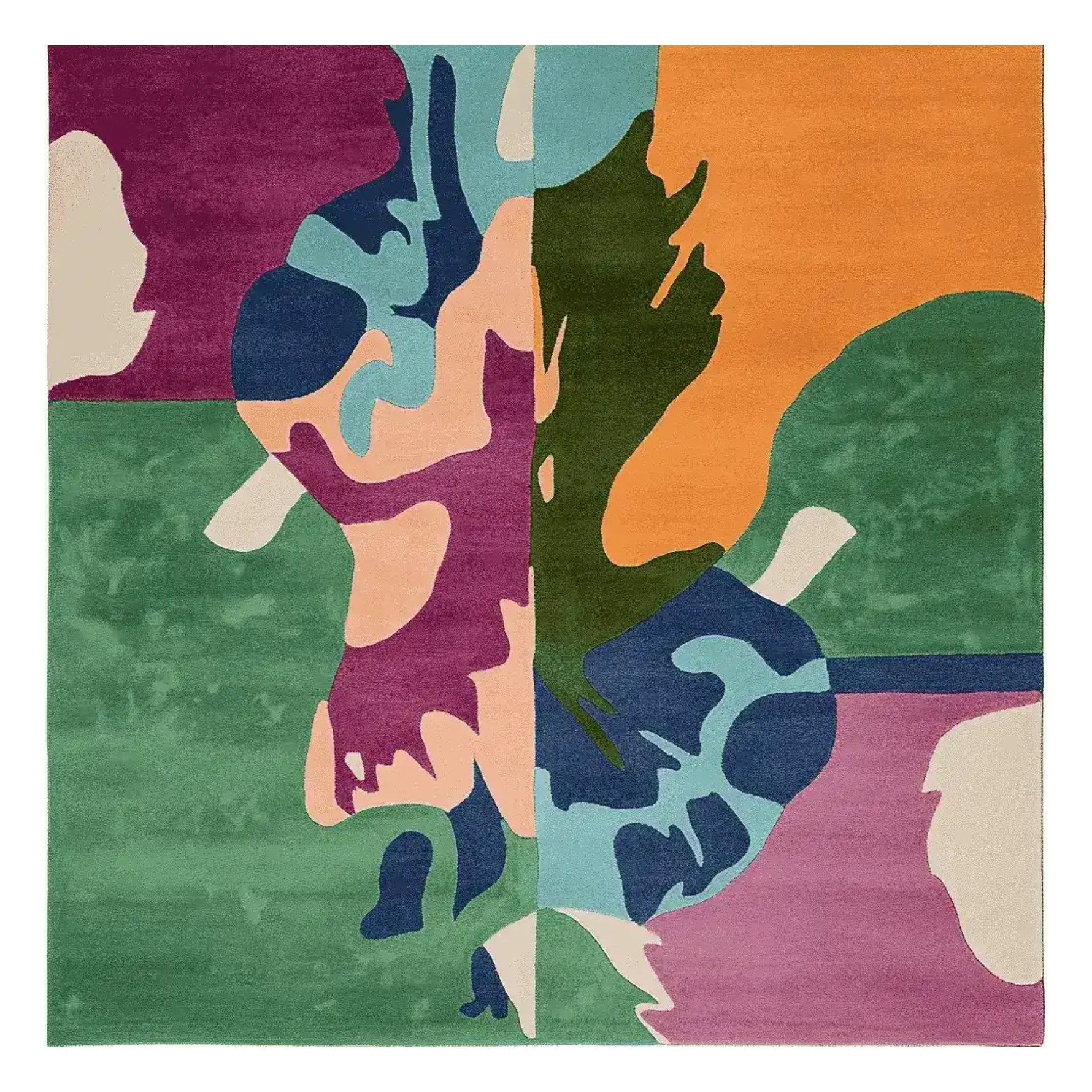 Top view of the Wandering Form Hand Tufted Area Rug, showcasing its vibrant abstract design in green, orange, purple, and blue tones. This large wool square rug adds a contemporary touch to living rooms, perfect as a square area rug for modern interiors.