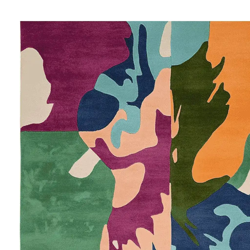 Top view of a Wandering Form Hand Tufted Area Rug showcasing a vibrant abstract design with rich colors like green, purple, blue, and orange. This large living room wool rug is perfect as a contemporary square area rug, ideal for adding a touch of modern art to your space.