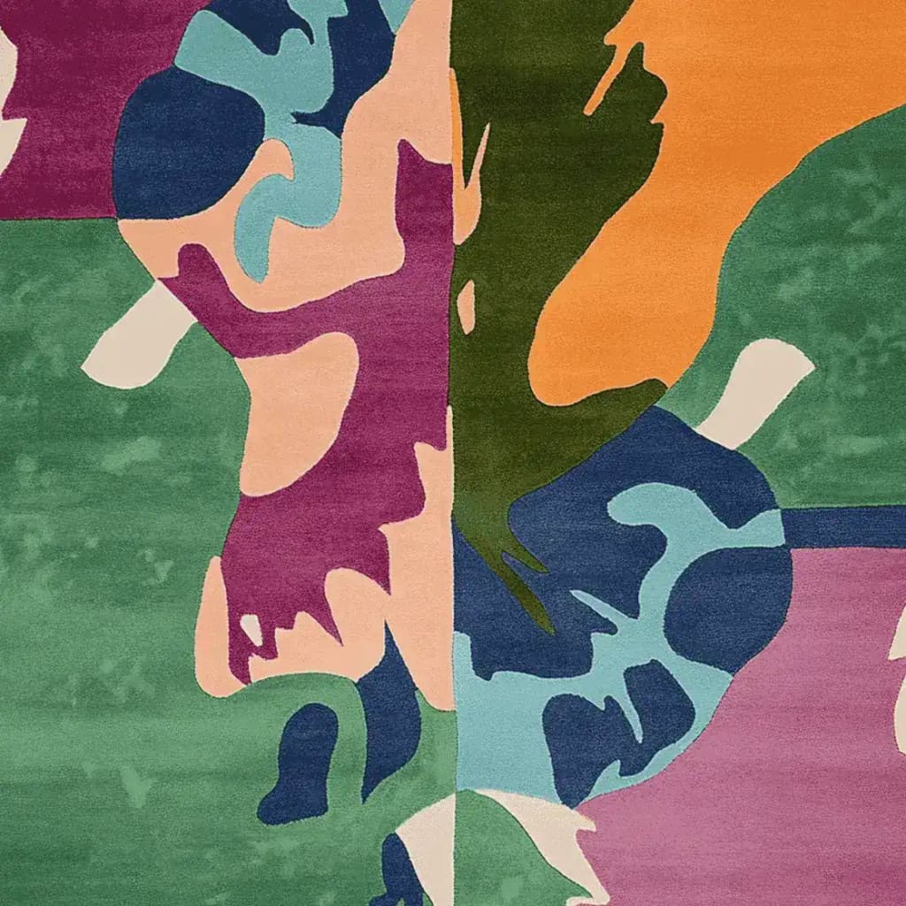 Top view of the Wandering Form Hand Tufted Area Rug showcasing a vibrant abstract design with bold colors like green, orange, pink, and blue. This contemporary wool rug is perfect for large living room spaces, adding a modern touch with its artistic pattern. Ideal as a square area rug for those looking for unique rugs for living room decor.