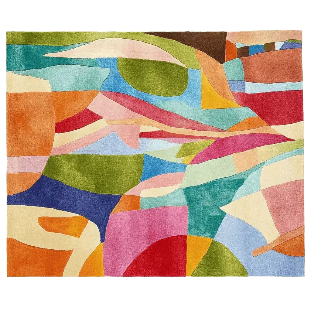 Vibrantly colored area rug with an abstract, contemporary design featuring bold geometric shapes in hues of green, blue, red, and orange. Ideal for adding a splash of color to your living room, the hand-tufted wool rug measures 8x10 and complements modern home decor.