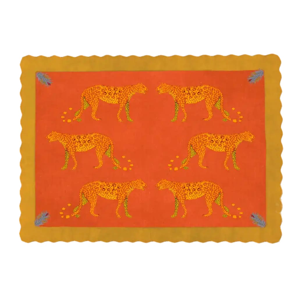 Vibrant area rug featuring a playful design of leopards wandering across a desert landscape. This scalloped hand-tufted wool rug is perfect for adding a touch of style to any office space. The warm colors and unique pattern make it an eye-catching choice for rugs for office decor.