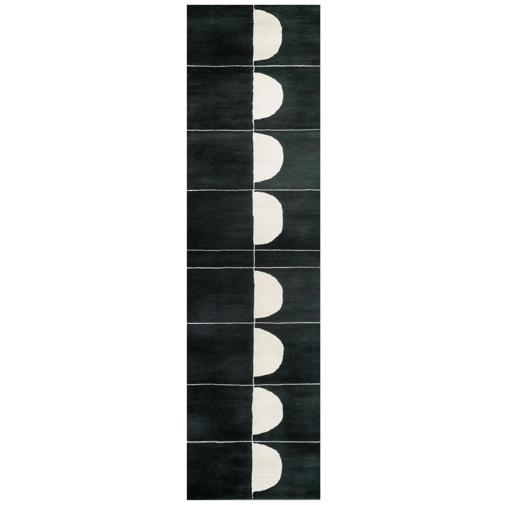 Top view of a contemporary hand tufted wool runner rug featuring a bold black and white geometric pattern. Perfect for adding a modern touch to kitchen runner rugs, hallway runner rugs, or bathroom runner rugs.