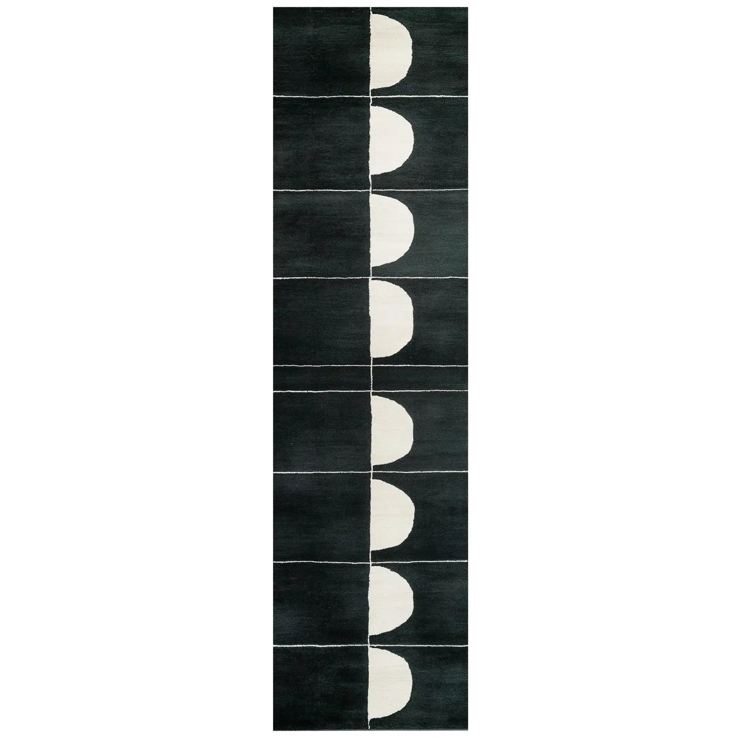 Top view of a contemporary hand tufted wool runner rug featuring a bold black and white geometric pattern. Perfect for adding a modern touch to kitchen runner rugs, hallway runner rugs, or bathroom runner rugs.